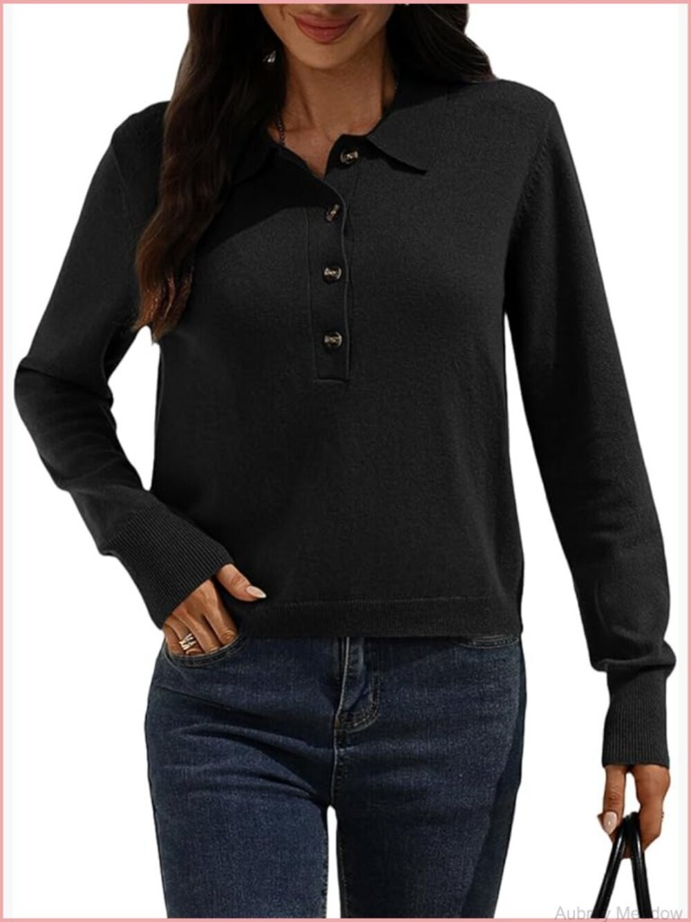 Women's 100% Merino Wool Cropped Sweater Polo Collar Half Button Long Sleeve